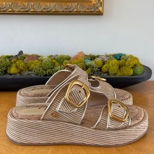 new Sam Edelman Nerissa Platform Summer Slide Sandals Raffia Gold Buckle Sz 8.5